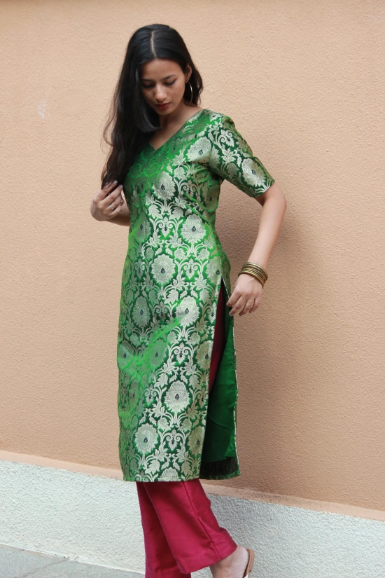 Green Brocade Kurta And Pants-XS / Kurta