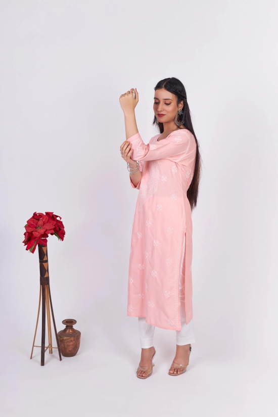 Soft Cotton Chikankari Kurti-Pink-Peach / XXL