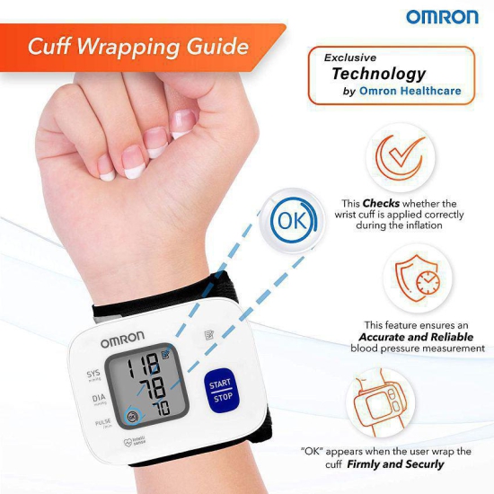 Omron HEM 6161 Fully Automatic Wrist Blood Pressure Monitor with Intellisense Technology, Cuff Wrapping Guide and Irregular Heartbeat Detection for Most Accurate Measurement (White)