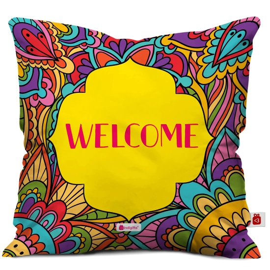 Indigifts Dipawali Gift Items Welcome Quote Multicolor Cushion Cover 16x16 inches - Diwali Gift Items| Diwali Decoration Items| Deepavali Decoration| Dipawli Gifts| Deepawali Greetings