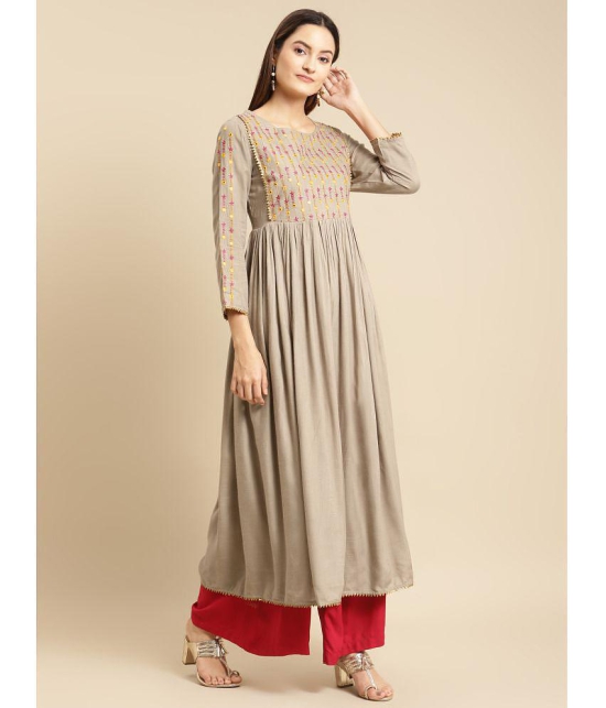 Rangita Women Rayon Olive Yoke Embroidered Calf Length Kurti Gathered At Waist - None