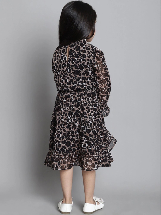 MINI & MING Girls Animal Print Mock Neck Bell Sleeves Georgette Fit & Flare Midi Dress