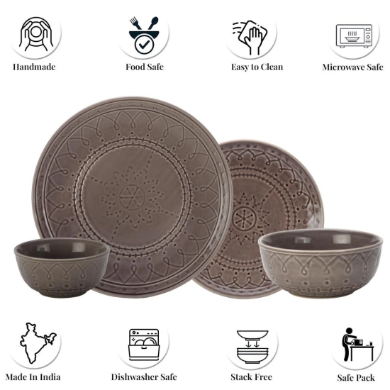 Aadeep Handcrafted Emboss Stoneware Ceramic Dinner Set, 10 Pieces Dish Set Serving for 4, Microwave and Dishwasher Safe, Bone-ash Free, Crockery Set for Dining and Gifting, Ash Grey