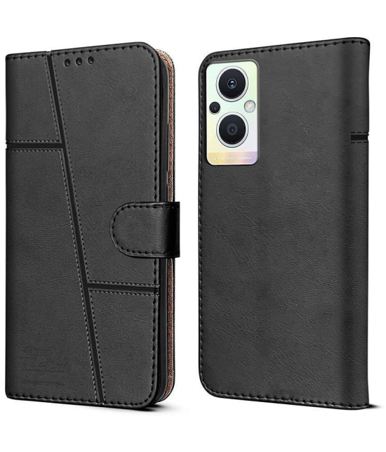 NBOX - Black Artificial Leather Flip Cover Compatible For Oppo F21 Pro 5G ( Pack of 1 ) - Black