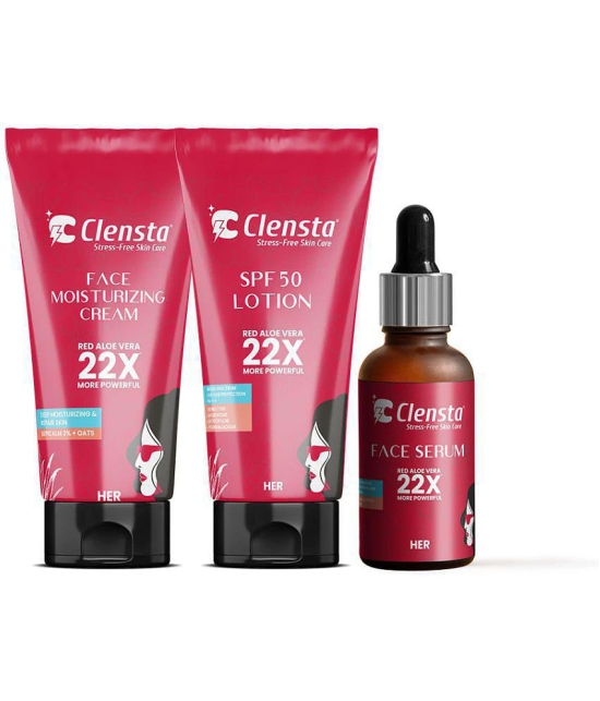 Clensta Face Serum With 2% Hyaluronic Infused 30 ml, Face Moisturizing Cream With 3% Sepicalm & Goodness of Oats 50g & SPF 50 Sunscreen Lotion, 50g