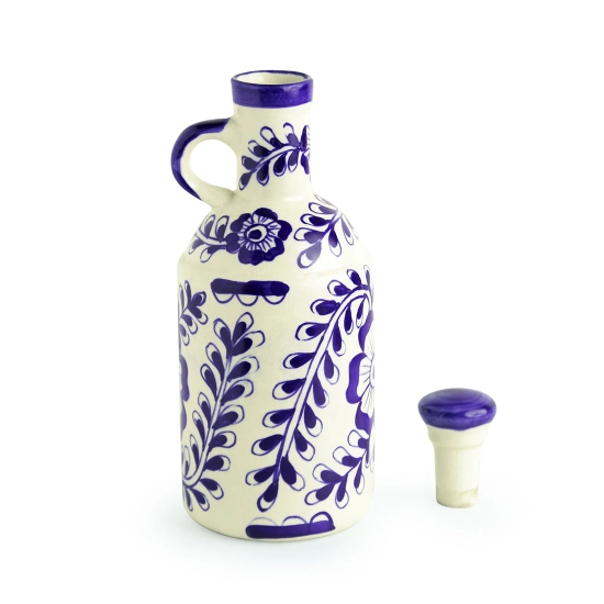 The Flowy Flora Mughal Handpainted Ink Blue Decorative Ceramic Oil Bottle (1000 ML)