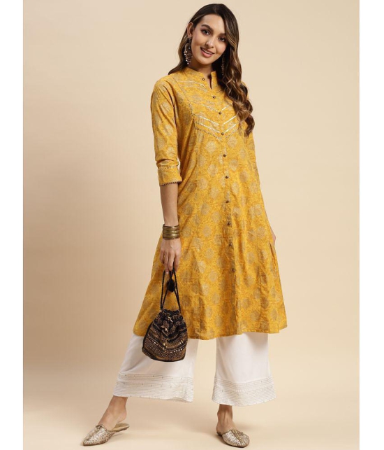 Rangita Women Cotton Yellow Gold Printed Calf Length Kalidar Kurti - None