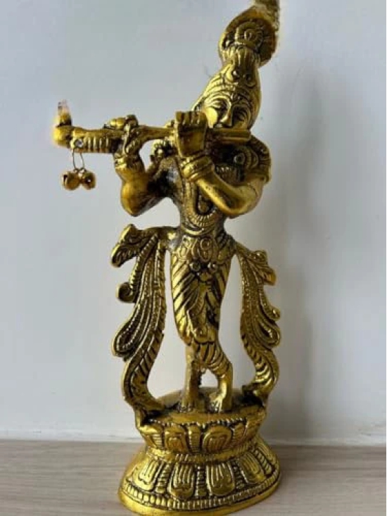 Aarna Creations Hand Carved Metal Krishna with Basuri| Beautiful Krishna with Basuri & Ghungru/Bells | Antique Golden Krishna Idol | Krishna