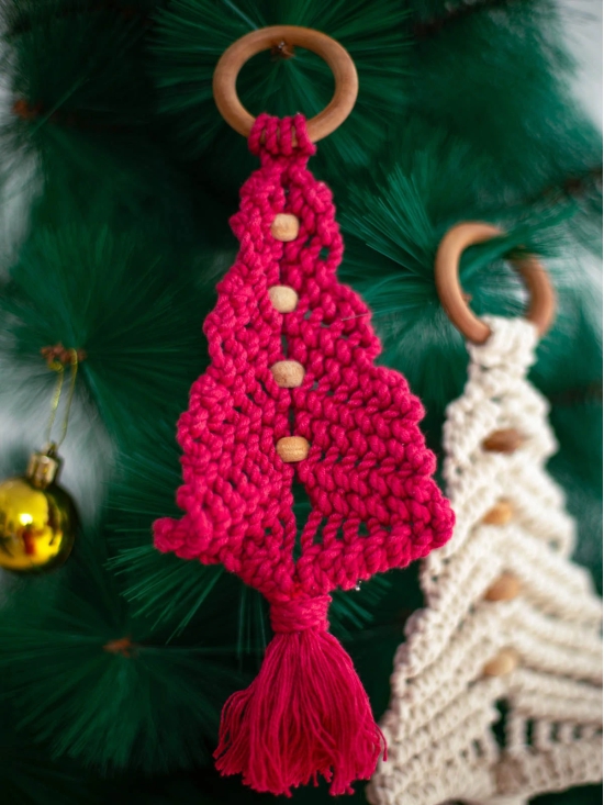 Macrame Christmas Tree - Red and White (Single Piece)-Red