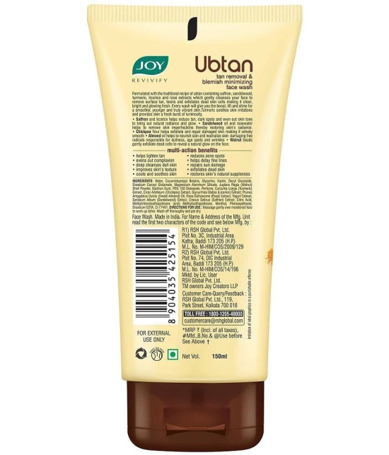 Joy Ubtan Face Wash For Tan Removal with Saffron & Turmeric 100ml, (Pack of 2 X 100ml)