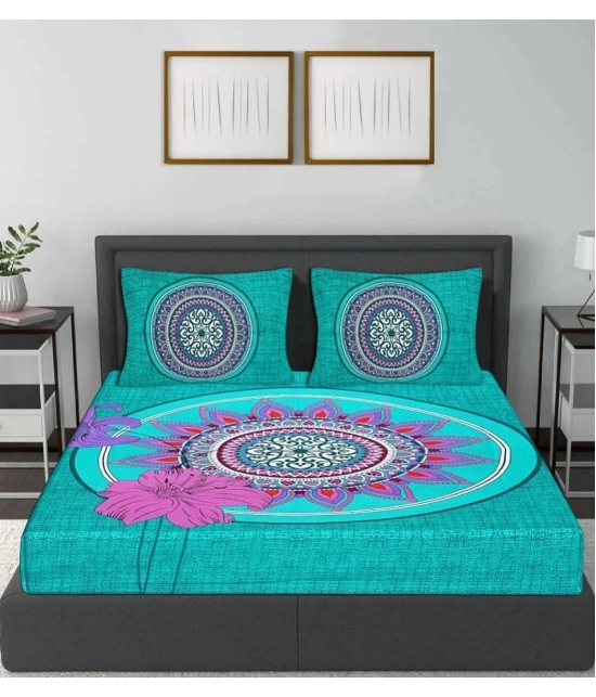 Frionkandy Cotton Queen Bed Sheet with Two Pillow Covers - Turquoise - Turquoise