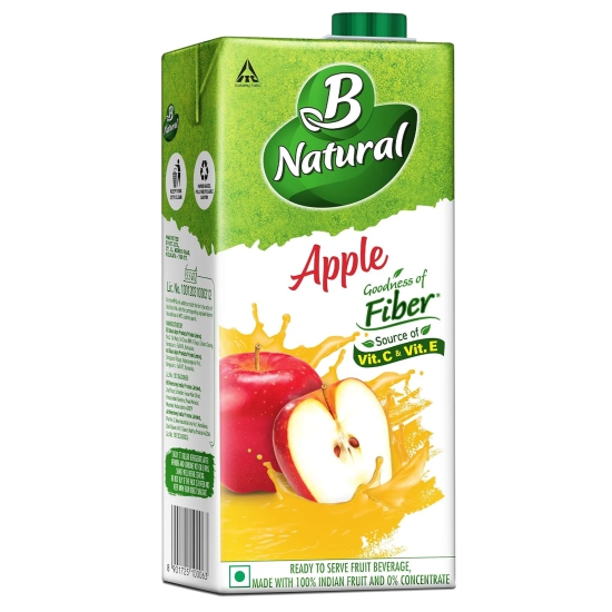 B Natural Apple Juice, Goodness Of Fiber, Vitamin C & E, Made With 100% Fruit Pulp And 0% Concentrate, 1 L