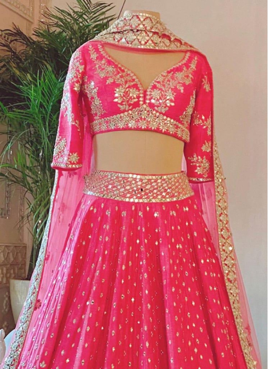 Real Mirror Work Pink Lehenga Design With Phantom Fabric