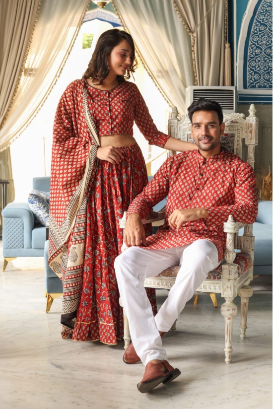 Elegant Cotton Lehanga Choli & Kurta Pyjama Combo Red-Lehanga and Gents Kurta / 32 / XXL