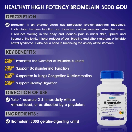 Healthvit Bromelain 3000 GDU, 500 mg, 60 Capsules: Supports Digestion, Bruises, Immune System.-Healthvit Bromelain 3000 GDU, 500 mg, 60 Capsules | Supports Digestion, Bruises, Immune, Extra Strength