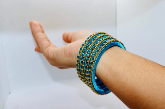 Blue Glass Bangle Set with Gold Accents