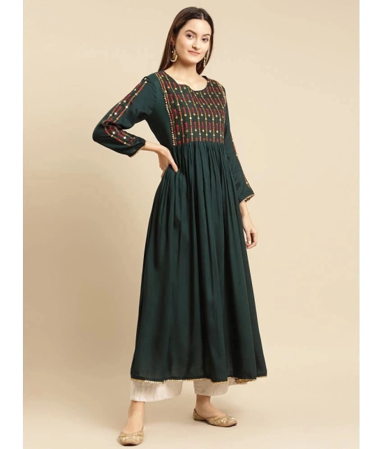 Rangita Women Rayon Green Yoke Embroidered Calf Length Kurti Gathered At Waist - None