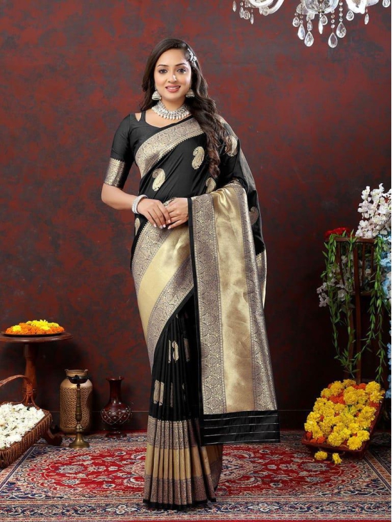 Black Soft Silk Woven Design Gold Zari Weaving Saree