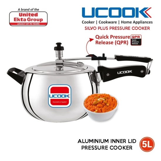 UCOOK By UNITED Ekta Engg. Silvo Plus 5 Litre Bulging Shape Aluminium Inner Lid Induction Pressure Cooker, Silver