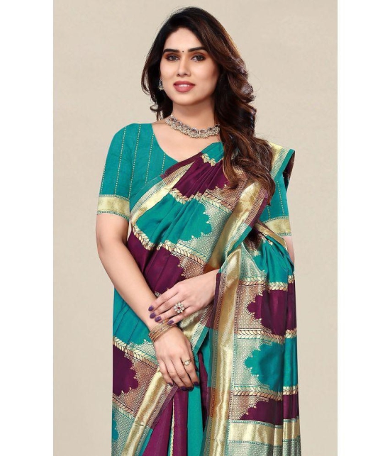 Om Shantam Sarees - Rama Banarasi Silk Saree With Blouse Piece ( Pack of 1 ) - Rama