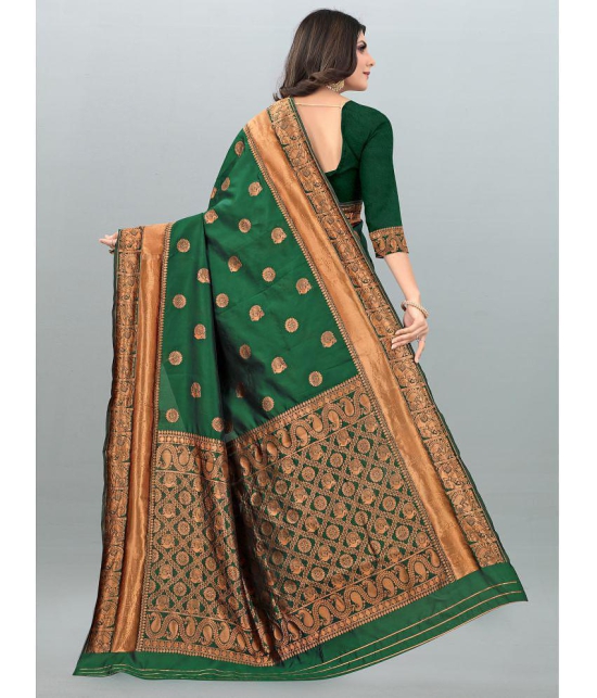 Om Shantam Sarees - Green Banarasi Silk Saree With Blouse Piece ( Pack of 1 ) - Green