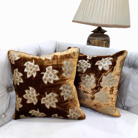 GOODVIBES Brown Golden Cushion Cover with Leaf Zari Embroidered Stitched Zippered Velvet Combo Cushion Cover | 24X24 Inches | 60cm * 60 cm I Set of 2|