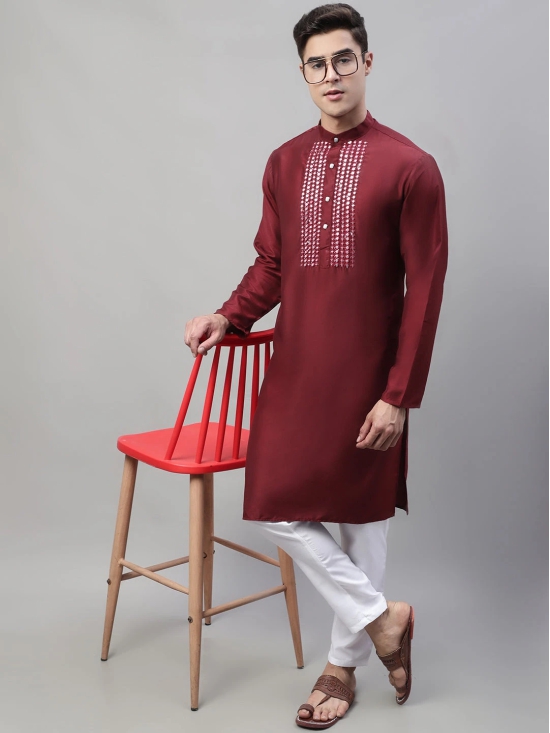 Mens Maroon Cotton Silk Mirror Work Kurta Pyjama-S / Maroon