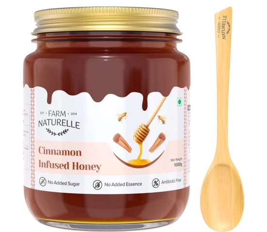 Farm Naturelle-Cinnamon Infused Wild Forest (Jungle) Honey/100% Pure/Natural/Un-Processed/Un-Heated/Lab Tested/Glass Bottle-850g+150gm Extra and a Wooden Spoon.