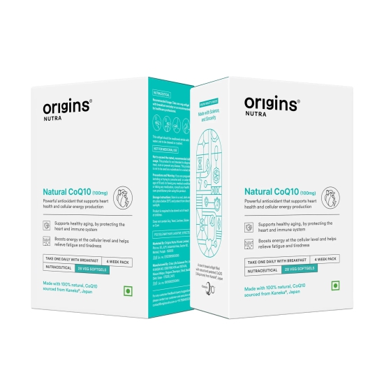 Origins Nutra Natural’s CoQ-10 (100mg) | Boost Energy & Stamina, Supports Heart Health, Relieves Migraine | CoQ 10 | GMP Certified | For Men & Women | 28 Veg Soft Gels Pack of 2