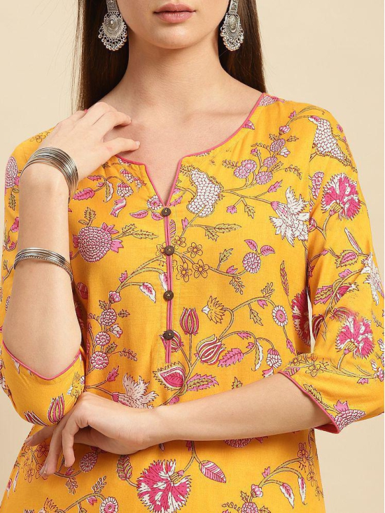 Rangita Women 100% Cotton Yellow Floral Printed Knee Length Straight Kurti - None