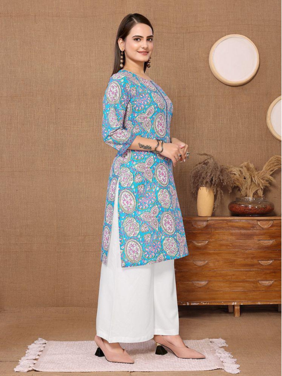 Rangita Women Cotton Blue Printed Knee Length Straight Kurti - None