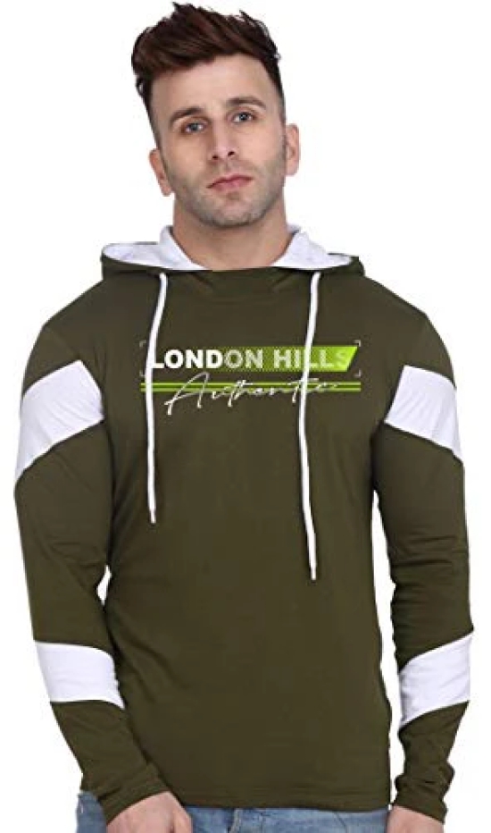 London Hills Mens Regular Fit Printed Full Sleeve Cotton Blend Hooded T-Shirt