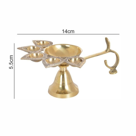 DOKCHAN Pure Brass Panch Aarti Lamp Pancharti Diya Oil Lamp Puja Aarti Diya Panch Mukhi Aarti Deepak Oil Lamp Puja Accessory for Gifting and Religious Purpose 5 Face Brass Diya Lamp