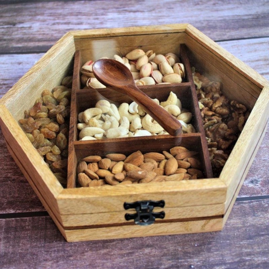 Handcrafted Wooden Dry Fruit Storage Box-Brown