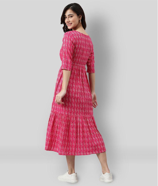 Janasya - Pink Cotton Womens Fit & Flare Dress ( Pack of 1 ) - None