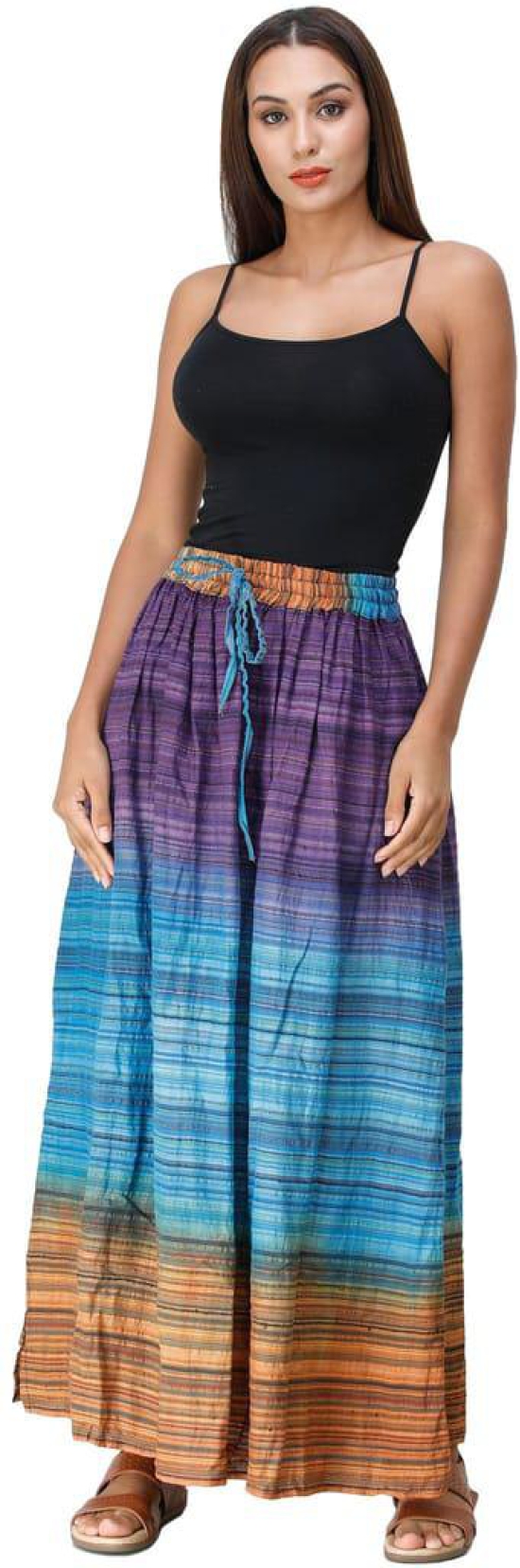 Milky-Blue Long Summer Skirt with Stripes Woven in Multi-Color Thread and Dori on Waist