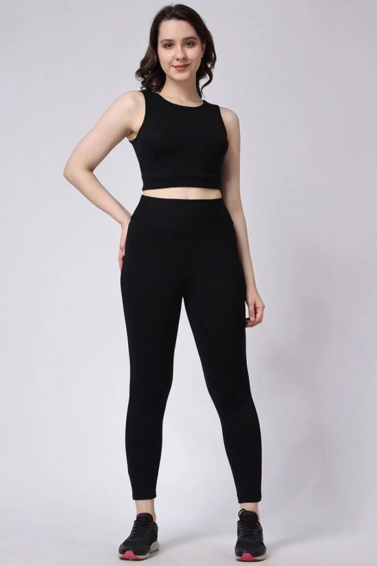 Womens Black Gym Co-Ord Set Leggings & Sleeveless Crop Top-L / Black