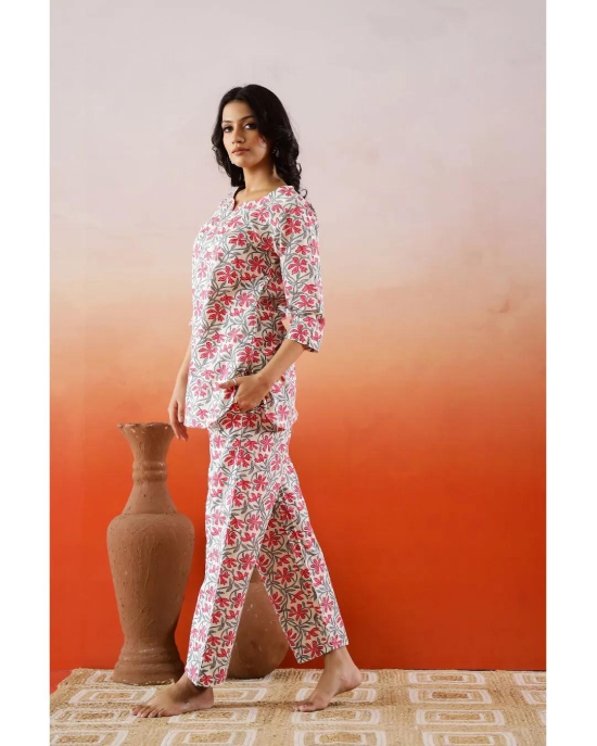 White and pink floral printed cotton Loungewear set-XXL