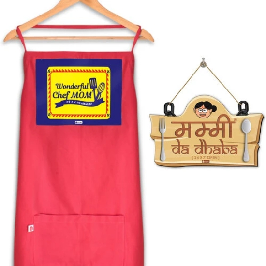 Indigifts Mothers Day Gift for Mom | Gift for Mother | Mummy Da Dhaba Brown Wall Hanging 8X12.5 Inches & Apron | Gift for Mothers Day