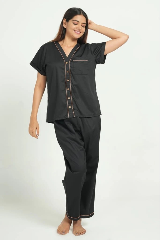 BREATHABLES Women Cotton Nightsuit Shirt and Pants Co-ord Set Short Sleeve V Neck Comfort Loose Fit Navy Blue(Night Wear | Co-ord set | Lounge Wear Set)