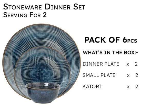 Handcrafted Stoneware Reactive Glaze Ceramic Dinner Set, 6 Pieces Serving for 2, Microwave and Dishwasher Safe, Bone-ash Free, Crockery Set for Dining and Gifting, Reactive Blue