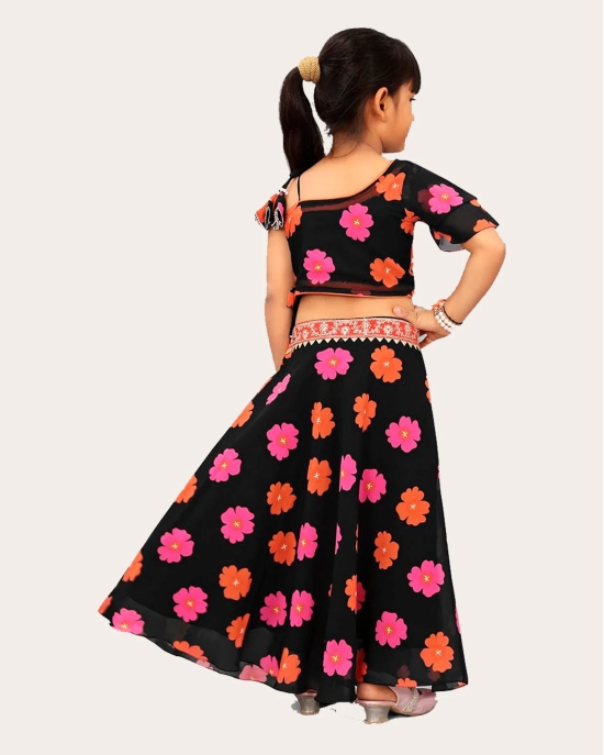 Kids Lehenga Choli in Georgette with Intricate Embroidery and Vibrant Flower Patterns-Black / 6 Years-7 Years