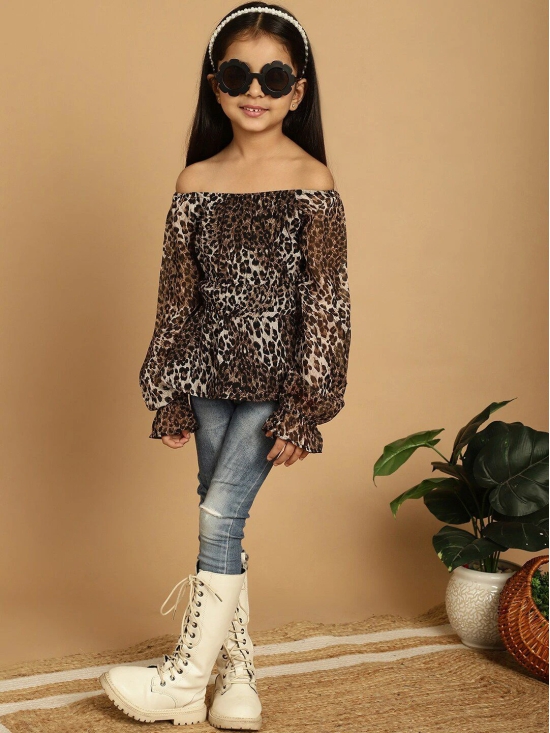 MINI & MING Girls Animal Printed Off-Shoulder Puff Sleeves Gathered Bardot Top