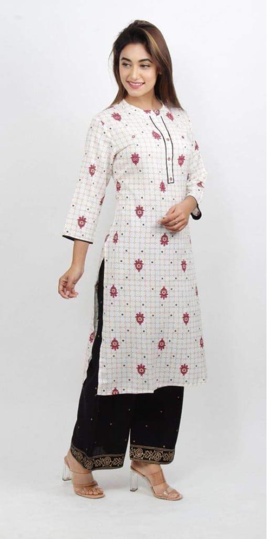 Women's Rayon Hand Work Casual Wear/Ethnic wear/Kurti Palazzo Set Calf Length Kurti Plazo Set for Women (White)