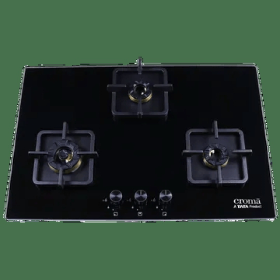 Croma Toughened Glass Top 3 Burner Automatic Hob (Cast Iron Pan Supports, Black)