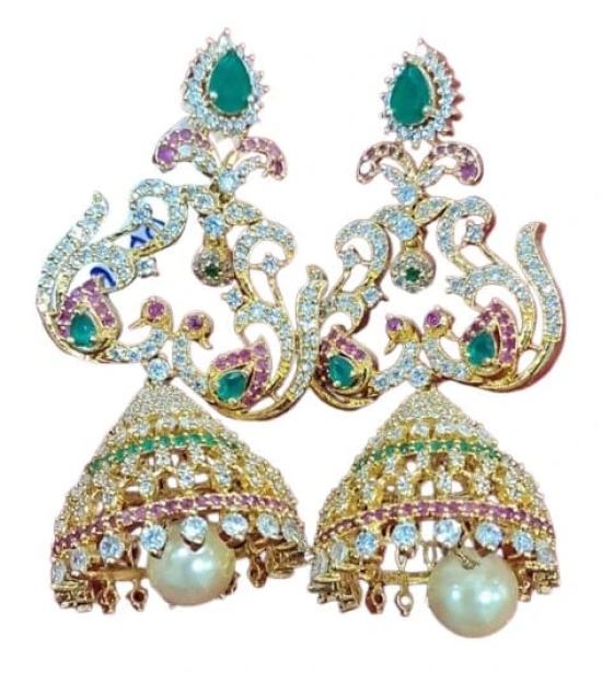 Stunning Gold-Plated Kundan and Pearl Jhumka Earrings with Green Stones