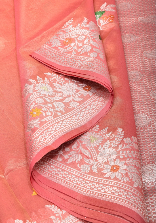 Salmon Pink Tissue Organza Banarasi Pure Silk Saree with Meenakari Buttas | SILK MARK CERTIFIED