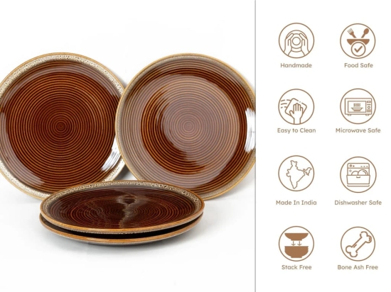 Bodhi House Ceramic Dinner Plates Set, 4 Pieces, Handmade Reactive Glaze Full Plates, Stoneware Dining Plates, Microwave, Dishwasher Safe, Glossy Finish Serving Plates, Peanut Brown