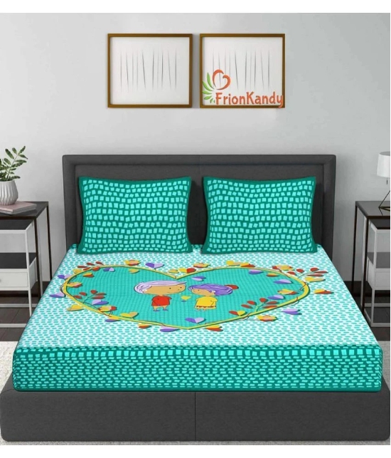 FrionKandy Living - Turquoise Cotton Double Bedsheet with 2 Pillow Covers - Turquoise