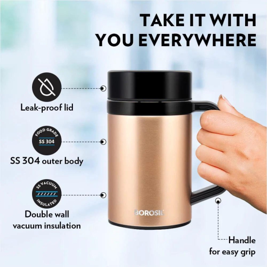 Borosil EasyGo Stainless Steel Insulated 410 ML Travel Mug | 5 Hours Hot & Cold | Bronze | 1 Pc